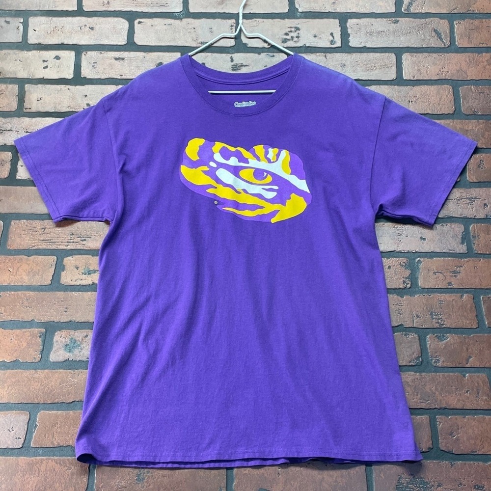 Captivating Men's L Purple LSU Eye of the Tiger Graphic Tee Short Sleeve Shirt